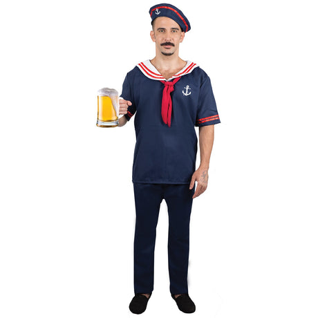 Model wearing Lola Stars men's sailor costume: navy shirt with red and white sailor neckline, navy pants and sailor's cap