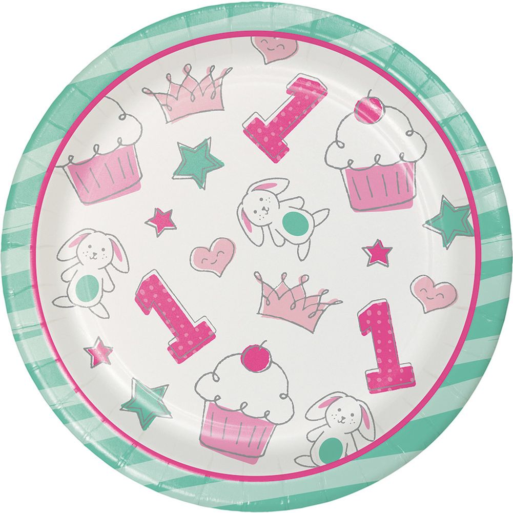 Doodle 1st Birthday Girl Dessert Plates (8 ct)