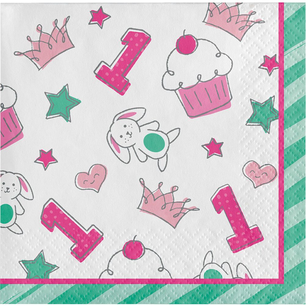 Doodle 1st Birthday Girl Beverage Napkins (16 ct)