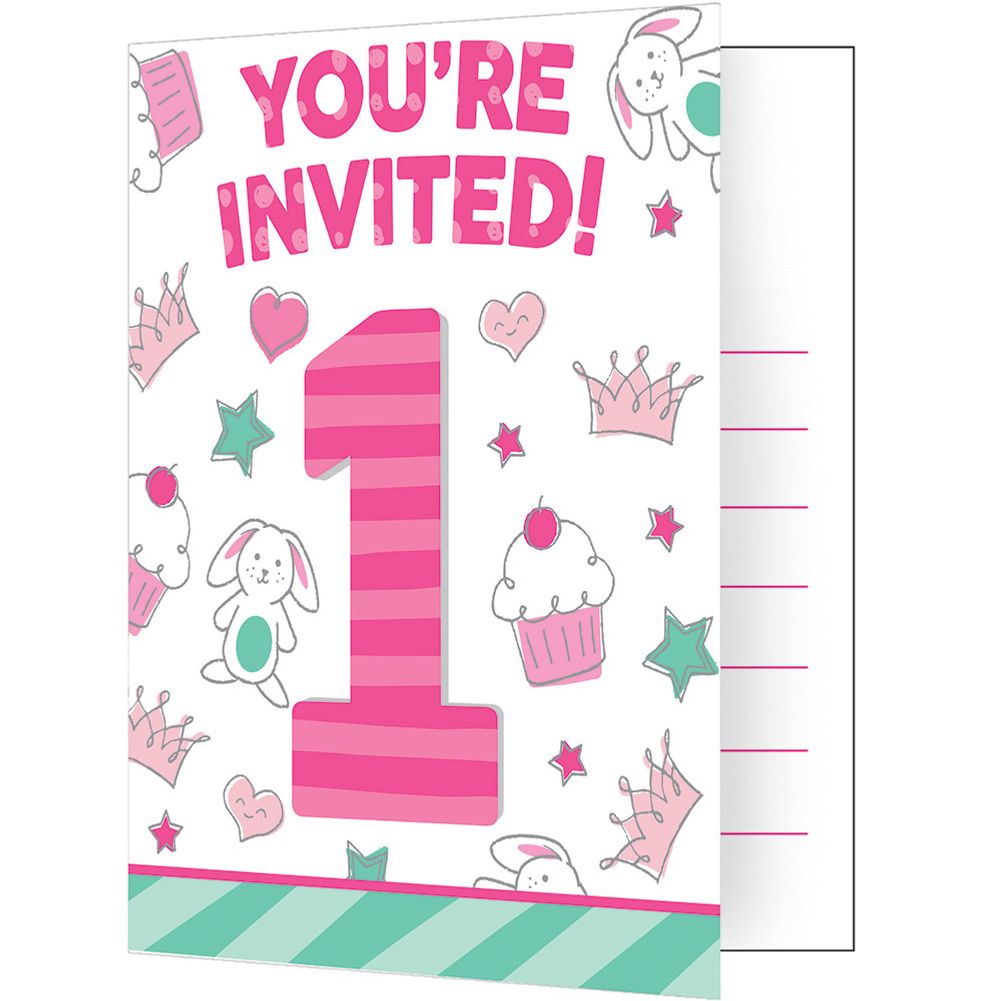 Doodle 1st Birthday Girl Invitations (8 ct)