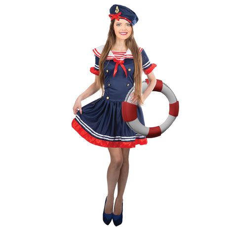 Model wearing Lola Stars women's sailor costume: navy dress with red ruffle trim and navy sailor hat with anchor