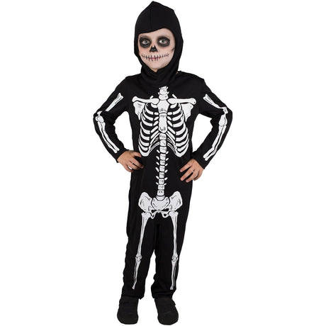 Model wearing Lola Stars boys' skeleton costume: black jumpsuit with white skeleton print and black headpiece