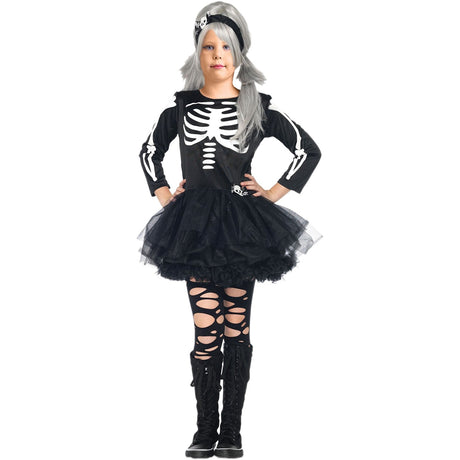 Model wearing Lola Stars girls' skeleton ballerina costume: black skeleton-print dress with tulle tutu and skull headband