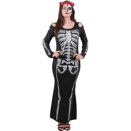 Model wearing Lola Stars women's skeleton costume: black cold-shoulder maxi dress with skeleton print and rose headband
