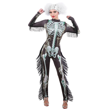 Model wearing Lola Stars women's skeleton costume: black jumpsuit with glowing skeleton print and long black fringe
