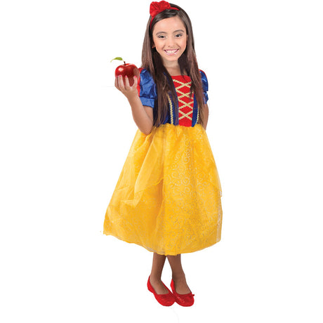 Model wearing Lola Stars girls' princess costume: blue and yellow dress with puffed sleeves and a red headband