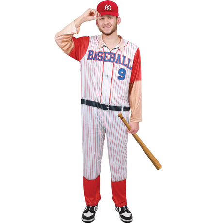 Model wearing Lola Stars men's baseball costume: white pinstripe jumpsuit with red sleeves and number 9, red baseball cap
