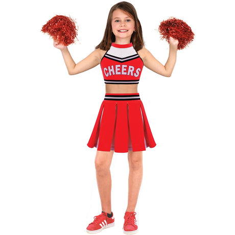 Model wearing Lola Stars girls' cheerleader costume: red CHEERS top, red pleated skirt and sparkly red pom-poms