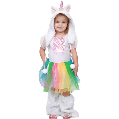 Model wearing Lola Stars toddler unicorn costume: horned unicorn hood, rainbow tulle dress and fluffy boot covers