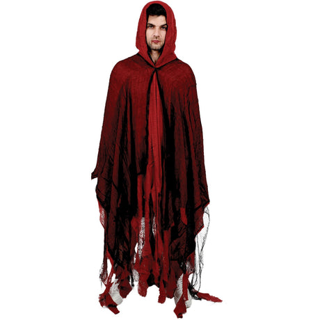 Model wearing Lola Stars men's vampire costume: floor-length crimson hooded robe with tattered layered edges