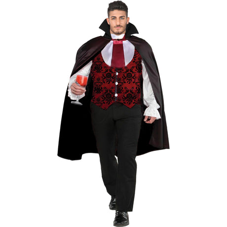 Model wearing Lola Stars men's vampire costume: black red-lined cape, white ruffled shirt with red brocade front, black pants
