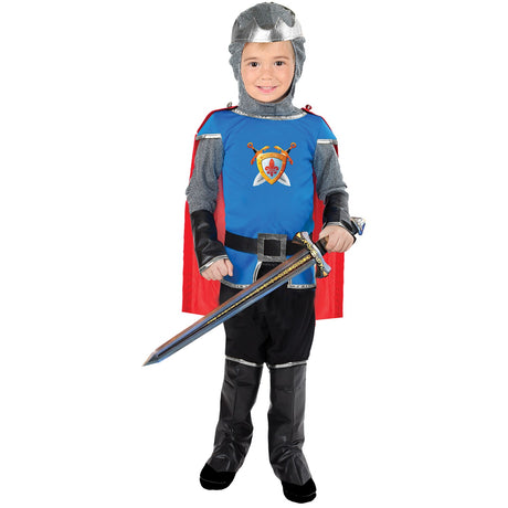 Model wearing Lola Stars toddler knight costume: blue crest tunic with chainmail-look sleeves, red cape and silver headpiece