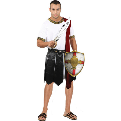 Model wearing Lola Stars men's Roman centurion costume: white tunic with gold Greek-key trim and black paneled skirt