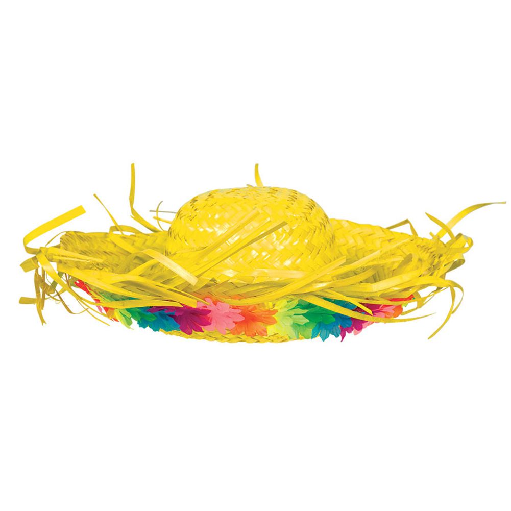 Neon Yellow Straw Hat with Flowers (1ct)