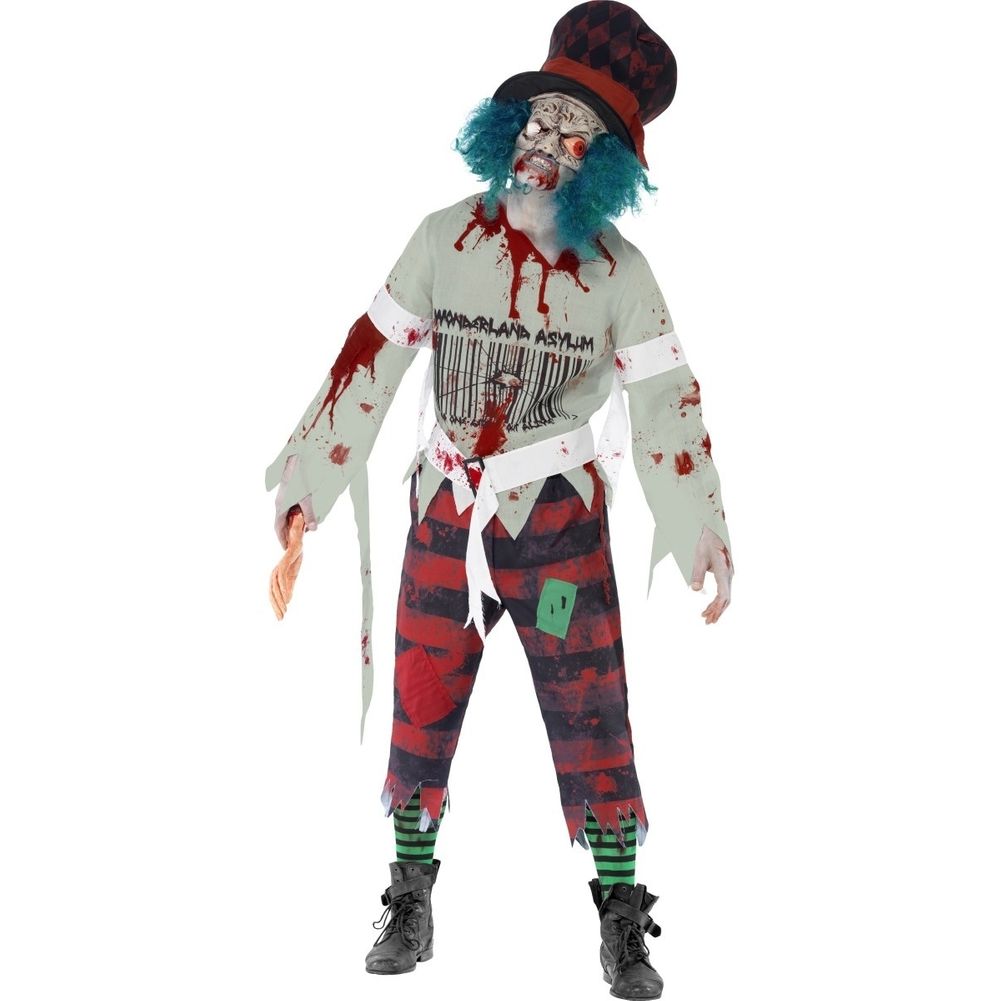 Zombie Hatter Costume with Mask with Attached Hat Top and Trousers