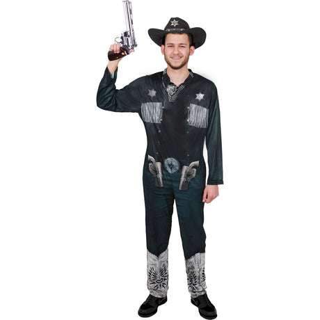 Model wearing Lola Stars men's sheriff costume: black printed jumpsuit with fringed shirt, sheriff stars and denim-look legs