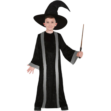 Model wearing Lola Stars boys' wizard costume: long black robe with silver-gray stripes and tall pointed black hat