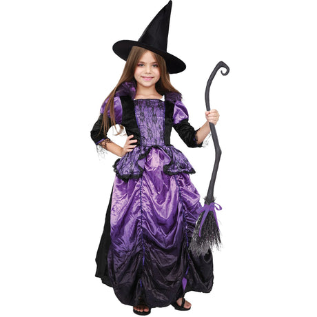 Model wearing Lola Stars girls' witch costume: long purple and black gown with lace trim and tall pointed black hat