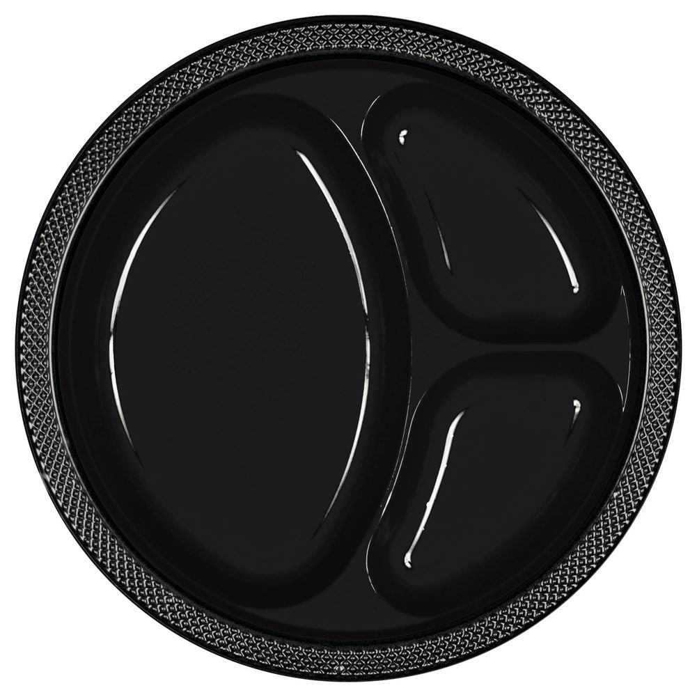 Jet Black Divided Plastic Banquet Plates (20ct)