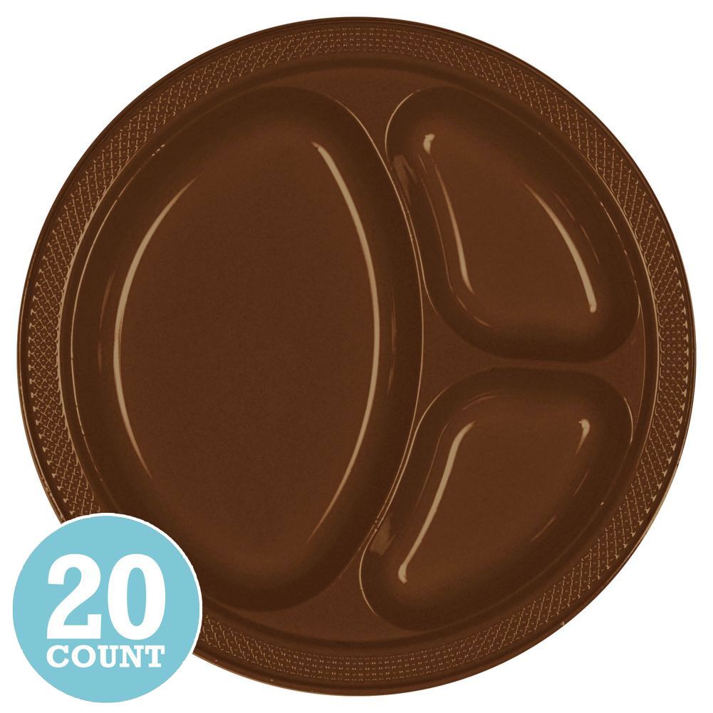 Chocolate Brown Divided Plastic Banquet Plates (20ct)