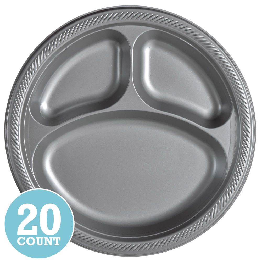 Silver Plastic Divided Banquet Plates (20ct)