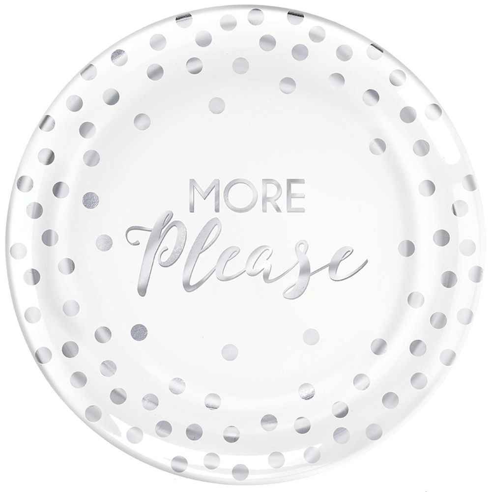 More Please Silver Confetti Dots Round Plastic Dessert Plates (20 ct)