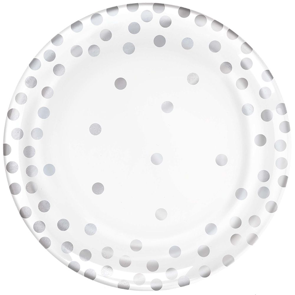 Silver Confetti Dots Round Plastic Dessert Plates (20 ct)