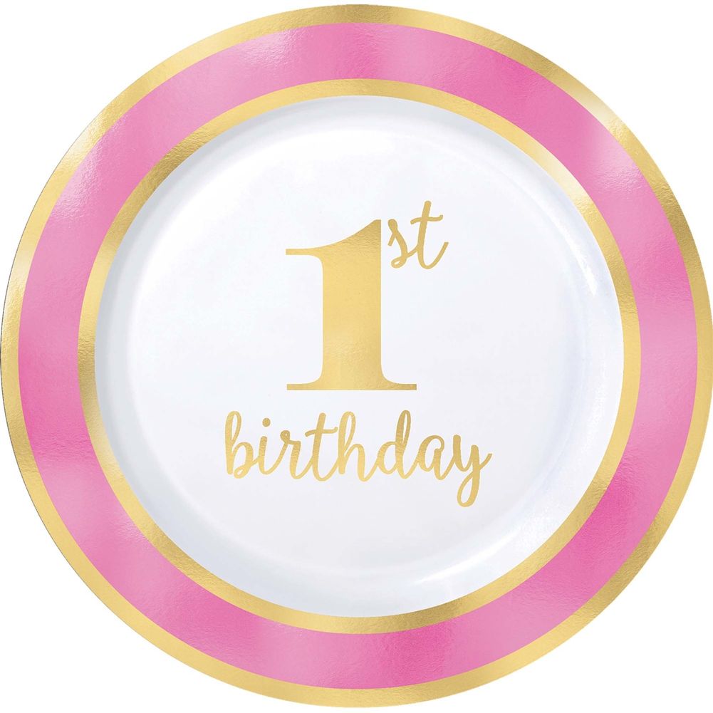 Premium 1st Birthday Pink Plastic Banquet Plates (10 ct)