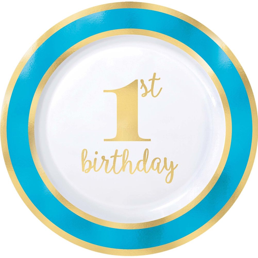 Premium 1st Birthday Blue Plastic Banquet Plates (10 ct)