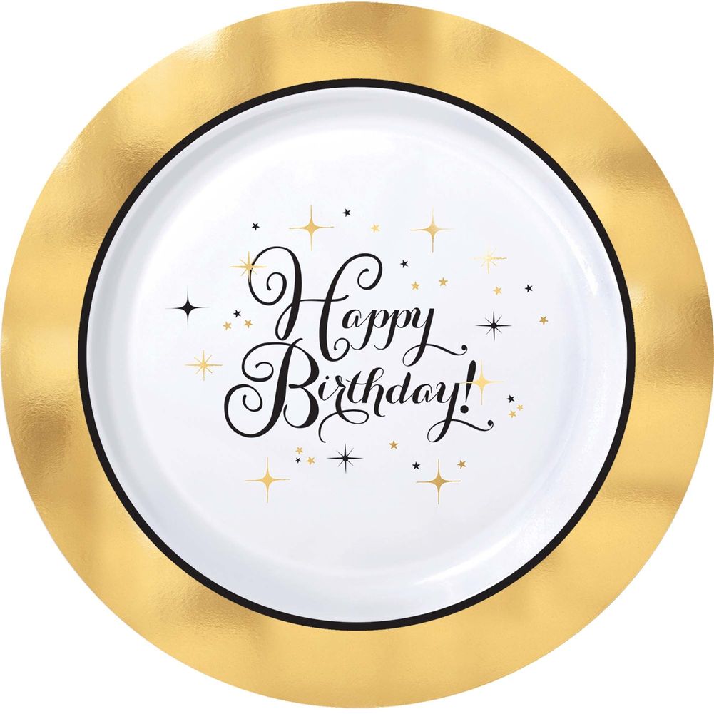 Hot Stamped Premium Gold Birthday Round Plastic Banquet Plates, 10ct