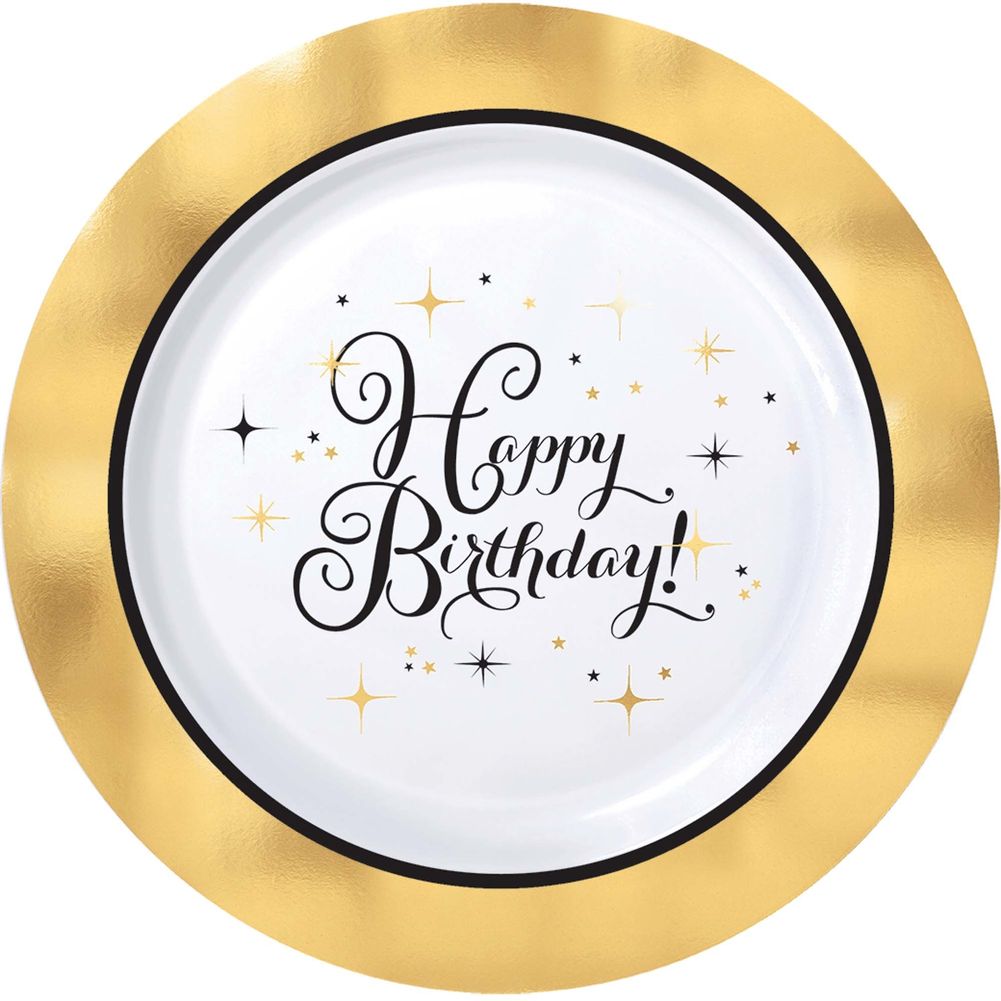 Hot Stamped Premium Gold Birthday Round Plastic Dessert Plates, 10ct
