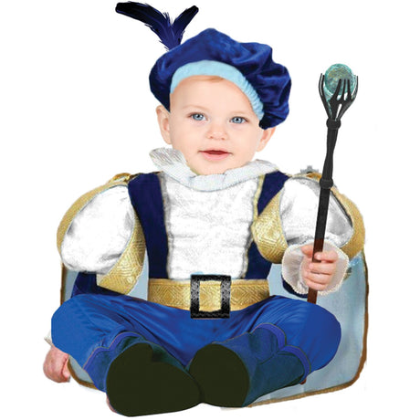 Model wearing Lola Stars baby prince costume: silver and blue royal jumper, silver cape and blue feathered hat