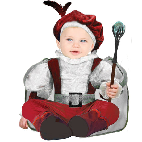 Model wearing Lola Stars baby prince costume: silver and red royal jumper, silver cape and red feathered hat