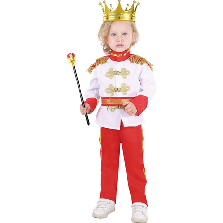 Model wearing Lola Stars toddler king costume: white royal jacket with gold details, red pants, gold belt and crown