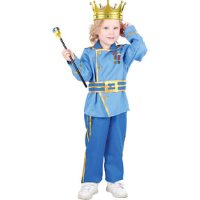 Model wearing Lola Stars toddler king costume: blue royal jacket with gold trim, blue pants, gold belt and gold crown