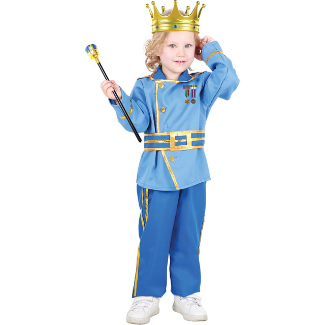 Model wearing Lola Stars toddler king costume: blue royal jacket with gold trim, blue pants, gold belt and gold crown