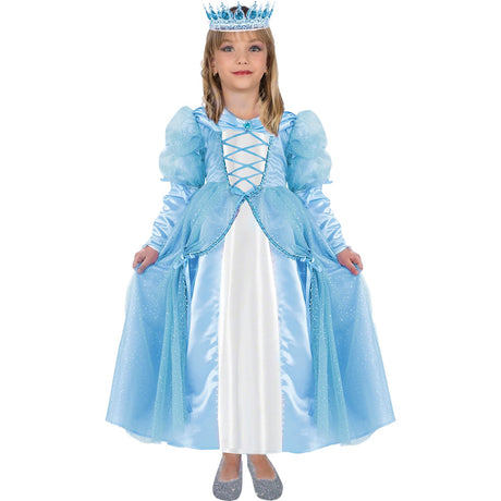 Model wearing Lola Stars girls' princess costume: ice-blue gown with lace-up bodice, puffed sleeves and a crown