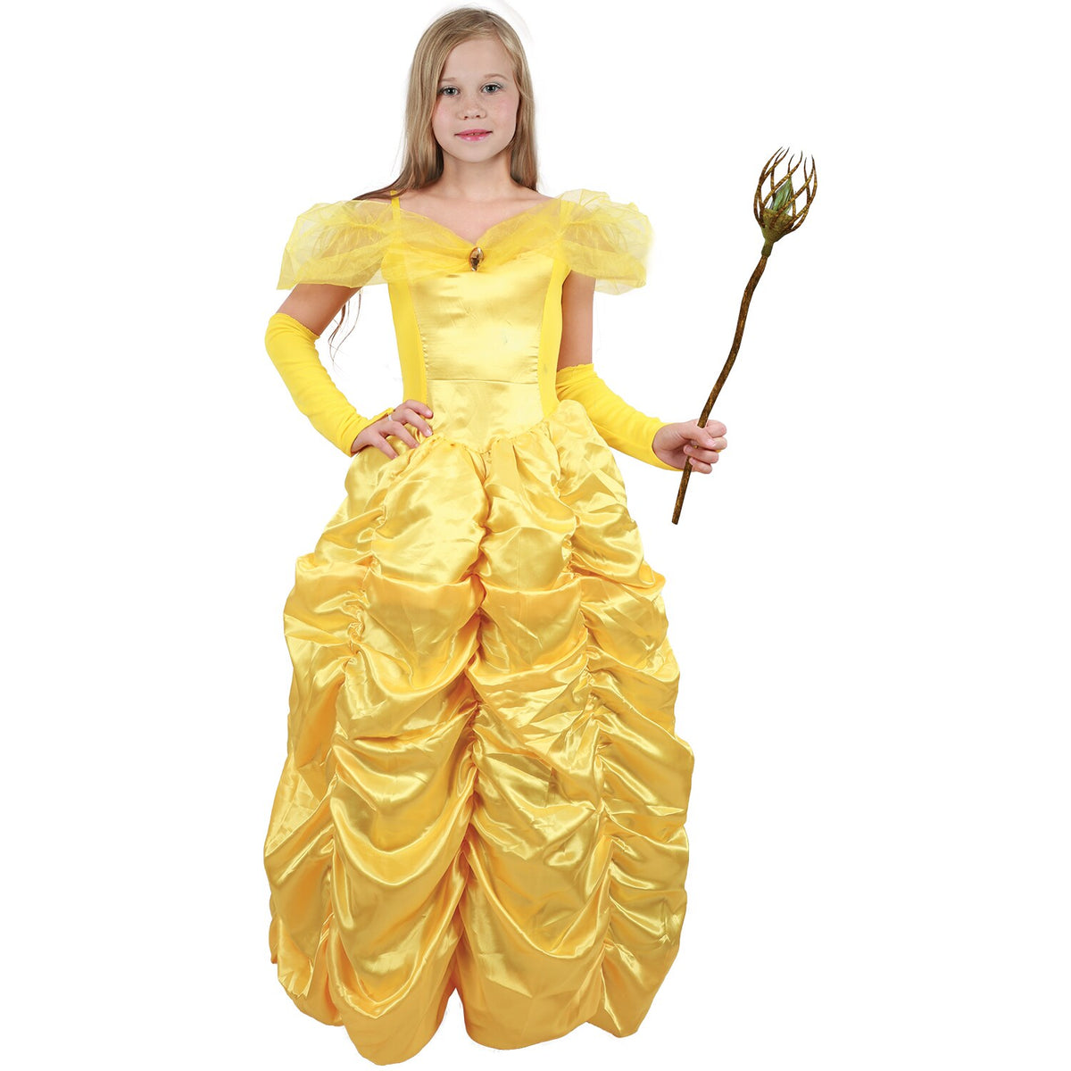 Model wearing Lola Stars girls' princess costume: yellow off-the-shoulder ball gown with ruffled skirt and long gloves