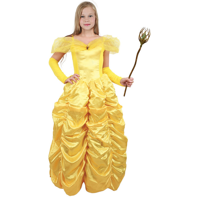 Model wearing Lola Stars girls' princess costume: yellow off-the-shoulder ball gown with ruffled skirt and long gloves