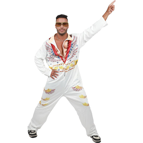 Model wearing Lola Stars men's rock-and-roll costume: white flared jumpsuit with red, gold and blue embellished print