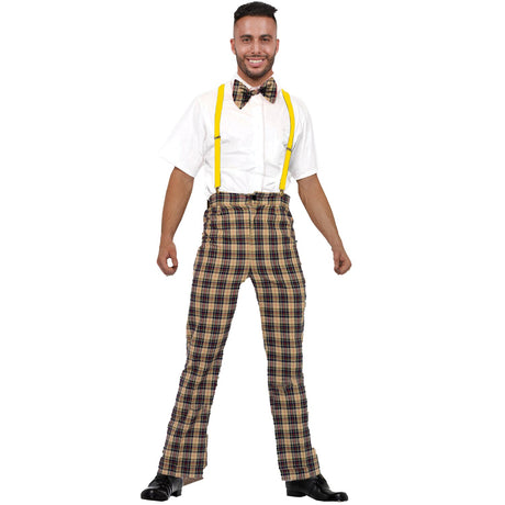 Model wearing Lola Stars men's nerd costume: white short-sleeve shirt, high-waisted plaid pants and plaid tie