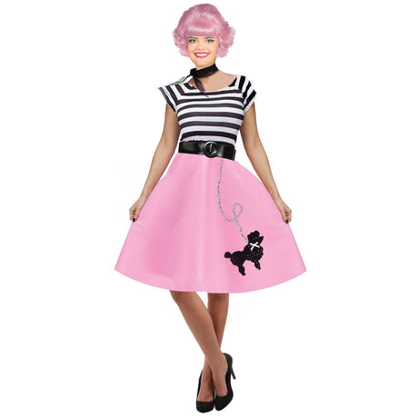 Model wearing Lola Stars women's 50s costume: striped top, pink poodle-skirt dress and black neck scarf