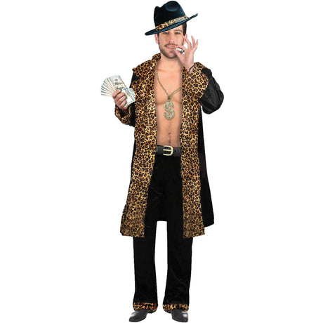 Model wearing Lola Stars men's 70s costume: long leopard-print jacket with black trim and black pants