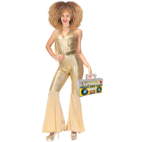 Model wearing Lola Stars women's disco costume: gold metallic halter jumpsuit with gold belt and sparkly flared legs