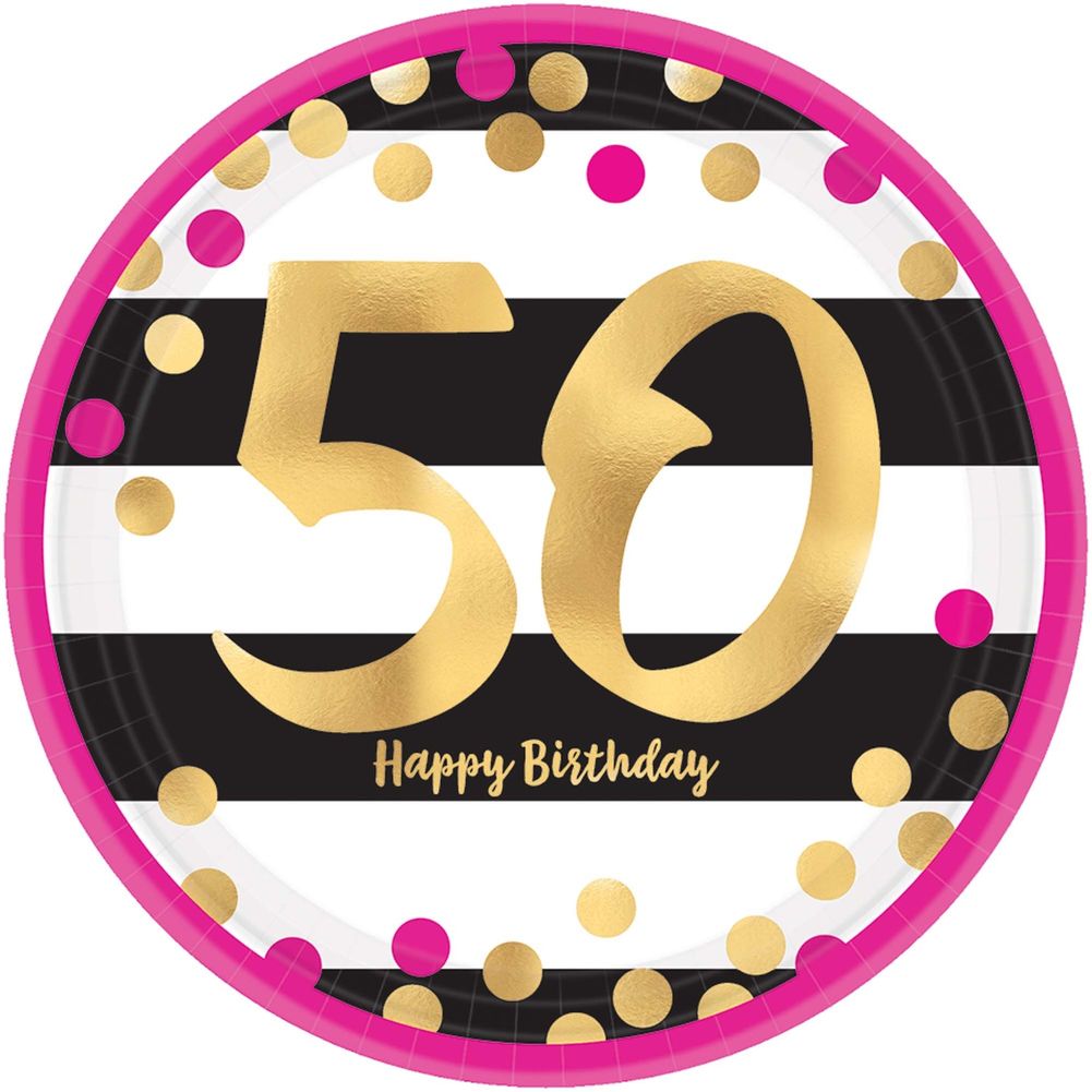 Pink and Gold Milestone 50 Paper Dessert Plates (8 ct)