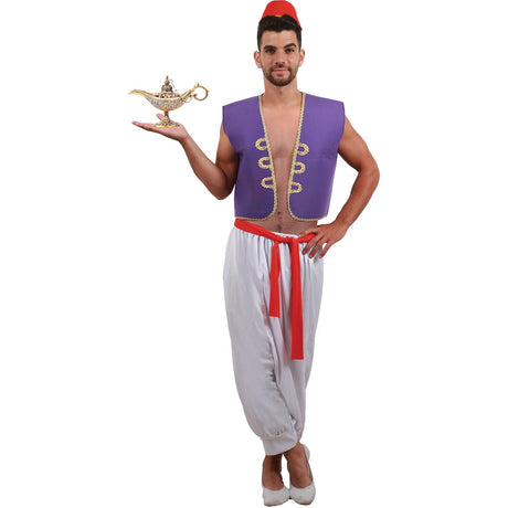 Model wearing Lola Stars men's Arabian Nights costume: purple top with gold trim, white billowy pants and red fez-style hat