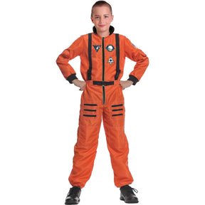 Model wearing Lola Stars boys' astronaut costume: bright orange jumpsuit with black straps and mission patches
