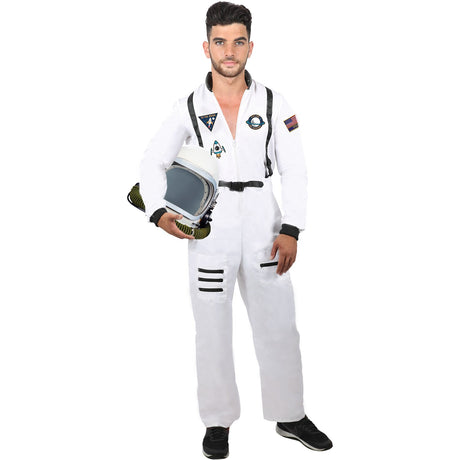 Model wearing Lola Stars men's astronaut costume: white jumpsuit with patches and black straps