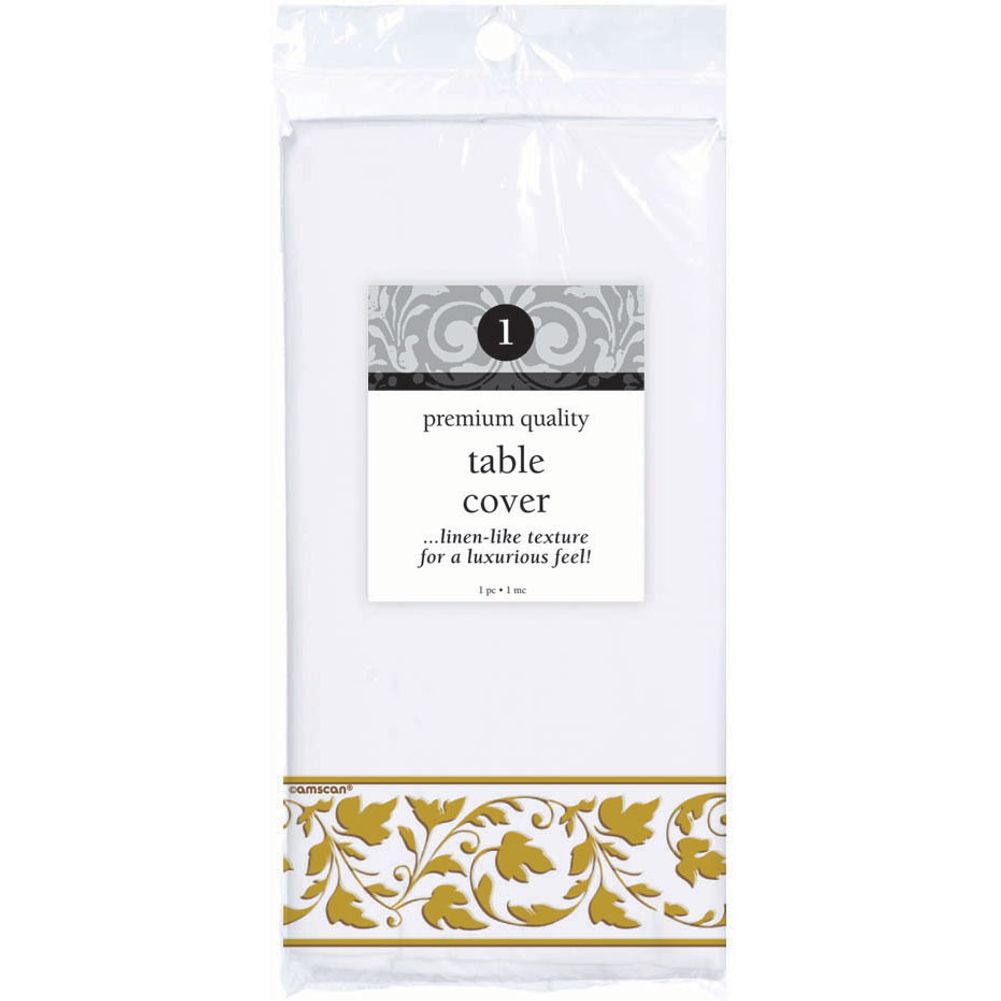 Premium Gold Trimmed White Rectangle Tablecover