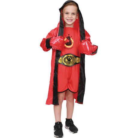 Model wearing Lola Stars boys' boxer costume: red hooded robe with black trim, champion top, red shorts and gloves
